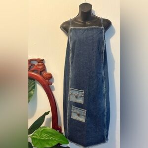 Women’s Casual Handmade Dark Wash Denim Midi Dress with Pocket Details